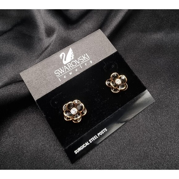 Vintage 1990s Swarovski Black & Gold Flower Crystal Stud Earrings - Picture 2 of 6